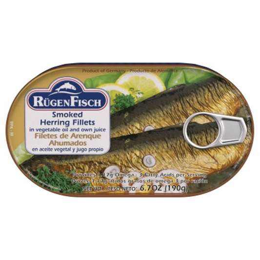 Smoked Herring Fillets in Veg Oil & Own Juice 190g - Rugenfisch
